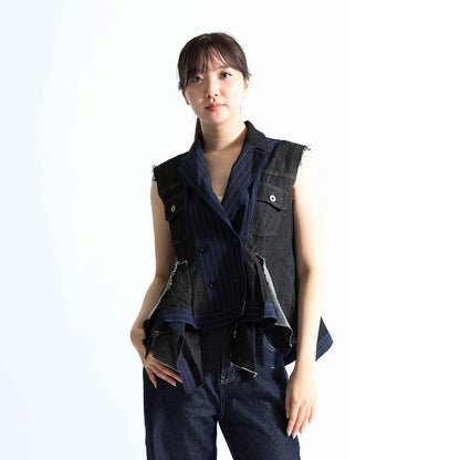 ピンストライプ切り替え 再構築 デニムベスト（アシンメトリーヘム）