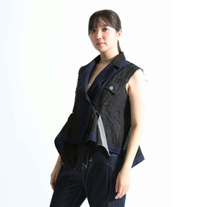ピンストライプ切り替え 再構築 デニムベスト（アシンメトリーヘム）