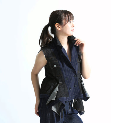 ピンストライプ切り替え 再構築 デニムベスト（アシンメトリーヘム）