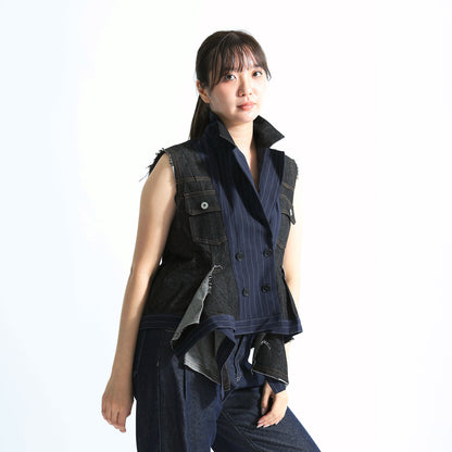 ピンストライプ切り替え 再構築 デニムベスト（アシンメトリーヘム）