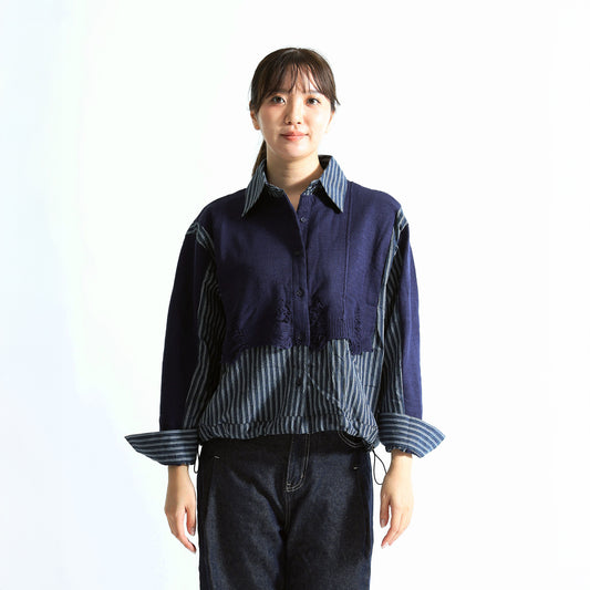 ダメージニット×ストライプシャツ 異素材ドッキング デザイントップス