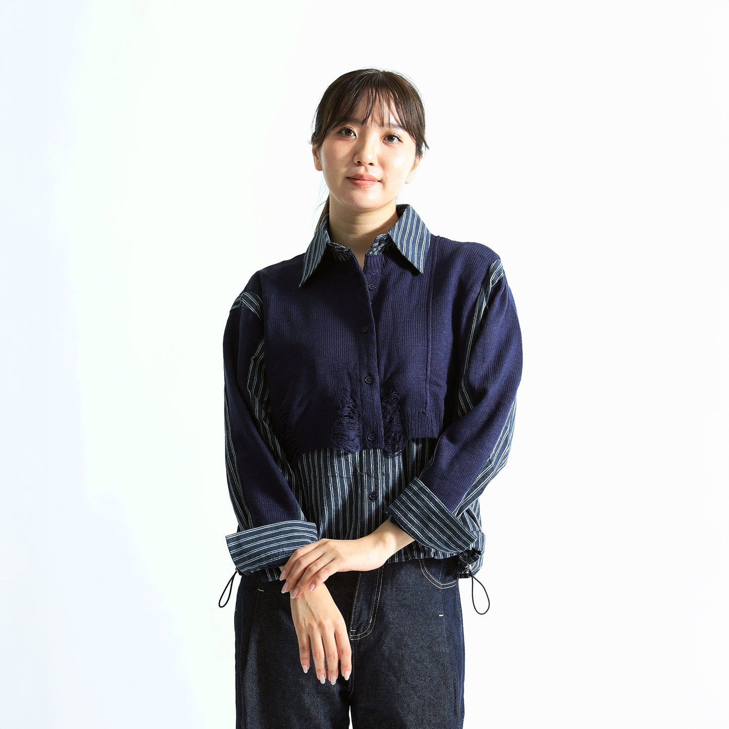 ダメージニット×ストライプシャツ 異素材ドッキング デザイントップス