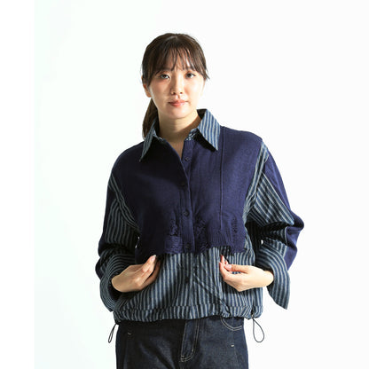 ダメージニット×ストライプシャツ 異素材ドッキング デザイントップス