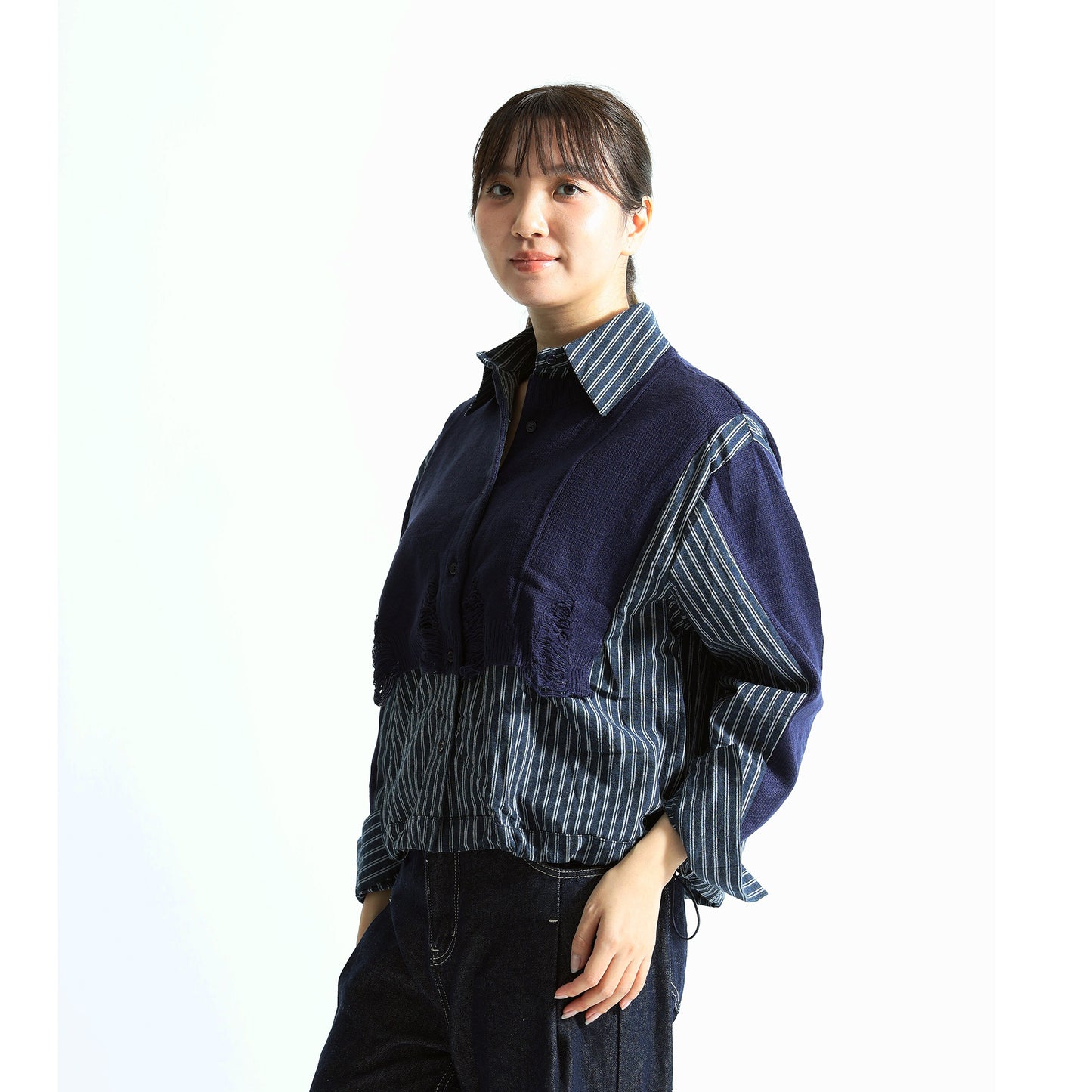 ダメージニット×ストライプシャツ 異素材ドッキング デザイントップス