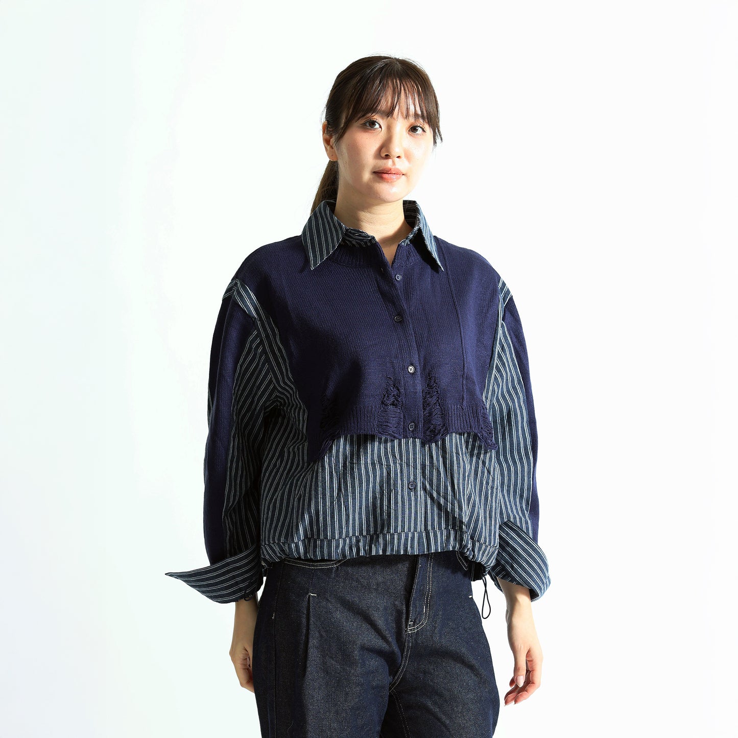 ダメージニット×ストライプシャツ 異素材ドッキング デザイントップス