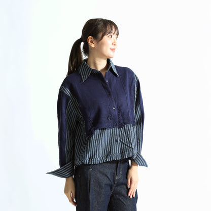 ダメージニット×ストライプシャツ 異素材ドッキング デザイントップス