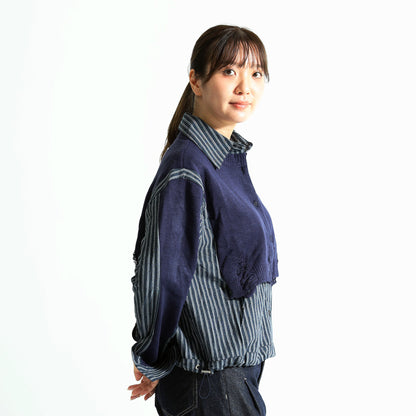 ダメージニット×ストライプシャツ 異素材ドッキング デザイントップス