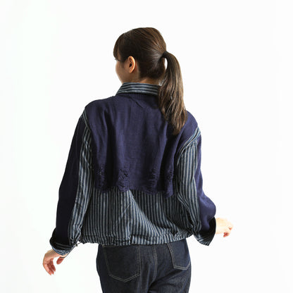 ダメージニット×ストライプシャツ 異素材ドッキング デザイントップス