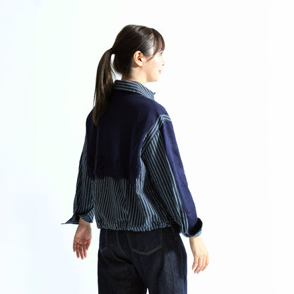 ダメージニット×ストライプシャツ 異素材ドッキング デザイントップス