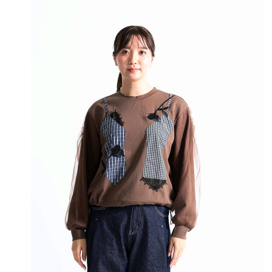 ビスチェ風ドッキング レース×チェック柄 シアースリーブトップス（全4色）