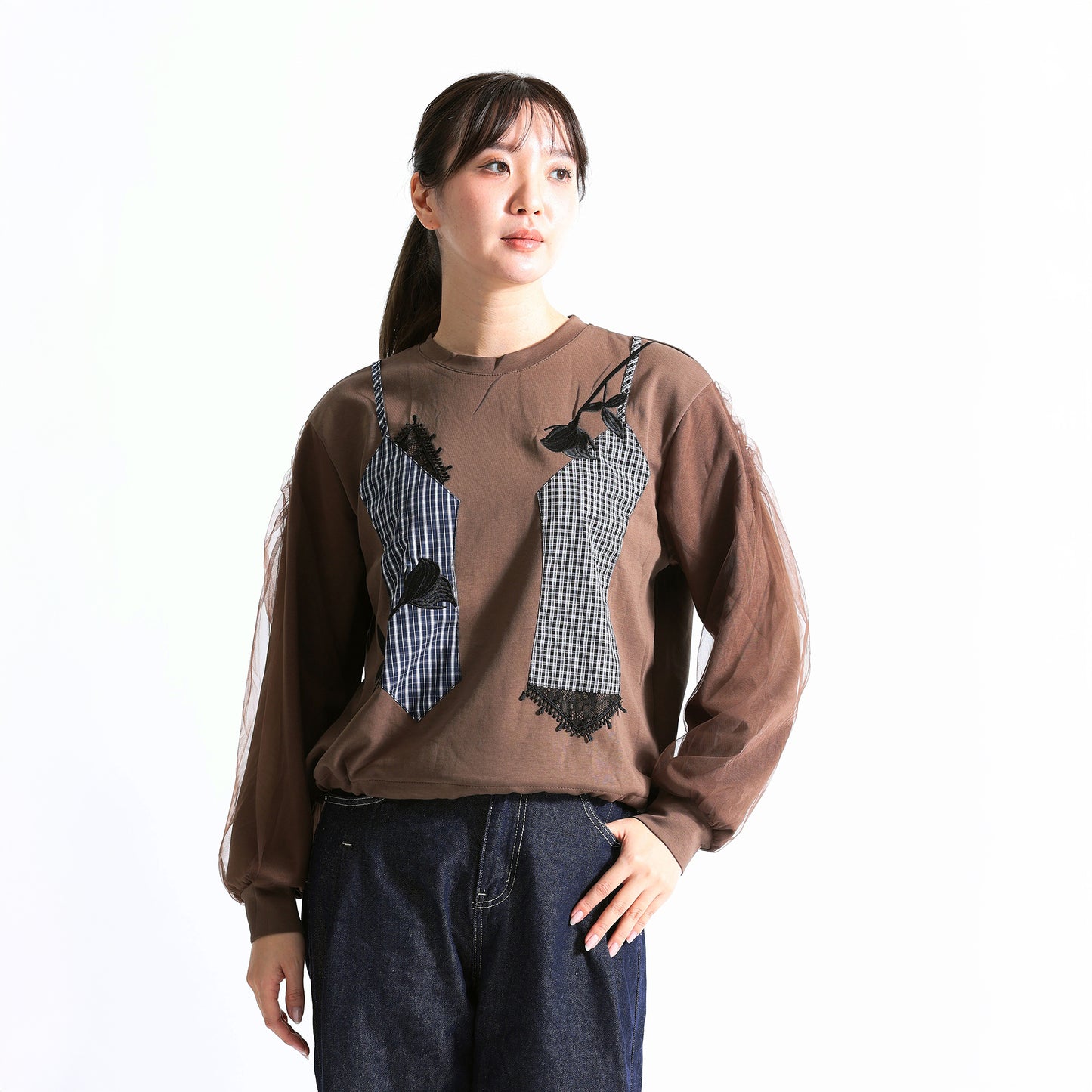 ビスチェ風ドッキング レース×チェック柄 シアースリーブトップス（全4色）