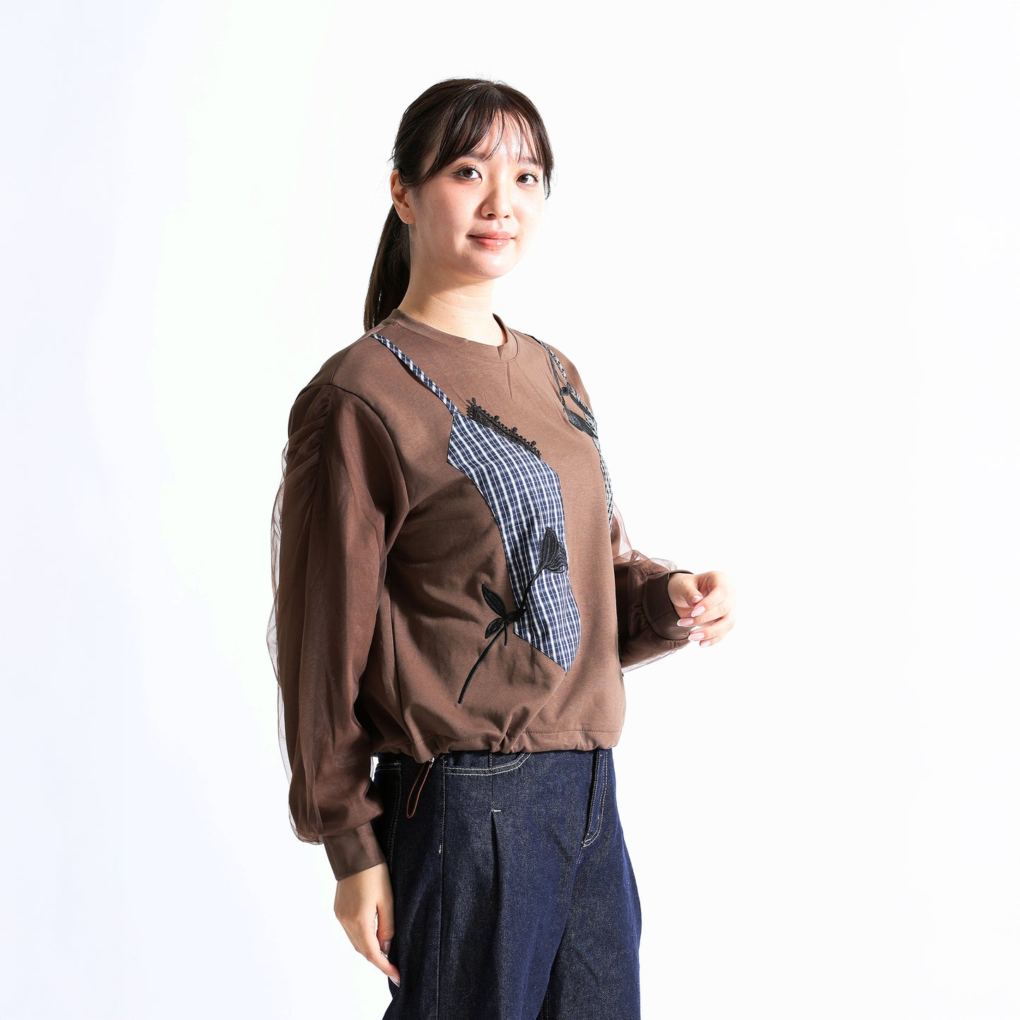 ビスチェ風ドッキング レース×チェック柄 シアースリーブトップス（全4色）