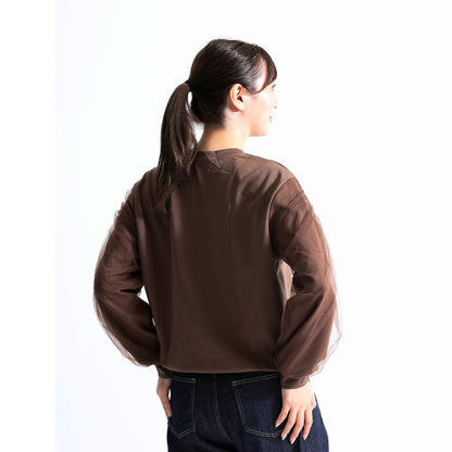 ビスチェ風ドッキング レース×チェック柄 シアースリーブトップス（全4色）