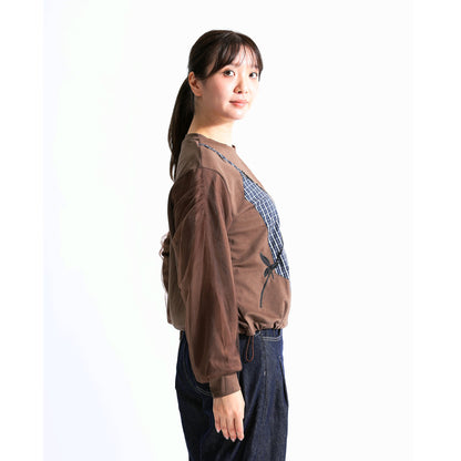 ビスチェ風ドッキング レース×チェック柄 シアースリーブトップス（全4色）