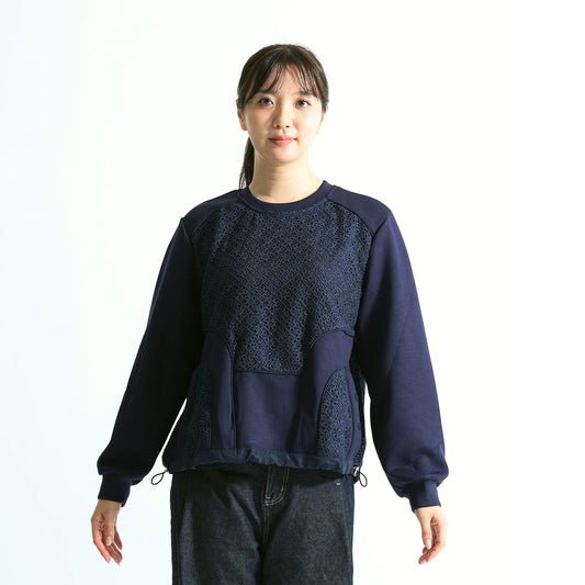 【モード×フェミニン】幾何学レースパネル切り替え 裾ドローストリング スウェット