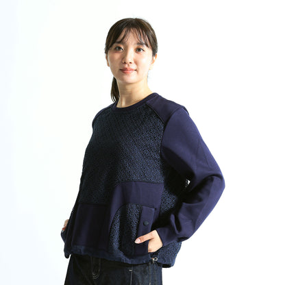 【モード×フェミニン】幾何学レースパネル切り替え 裾ドローストリング スウェット