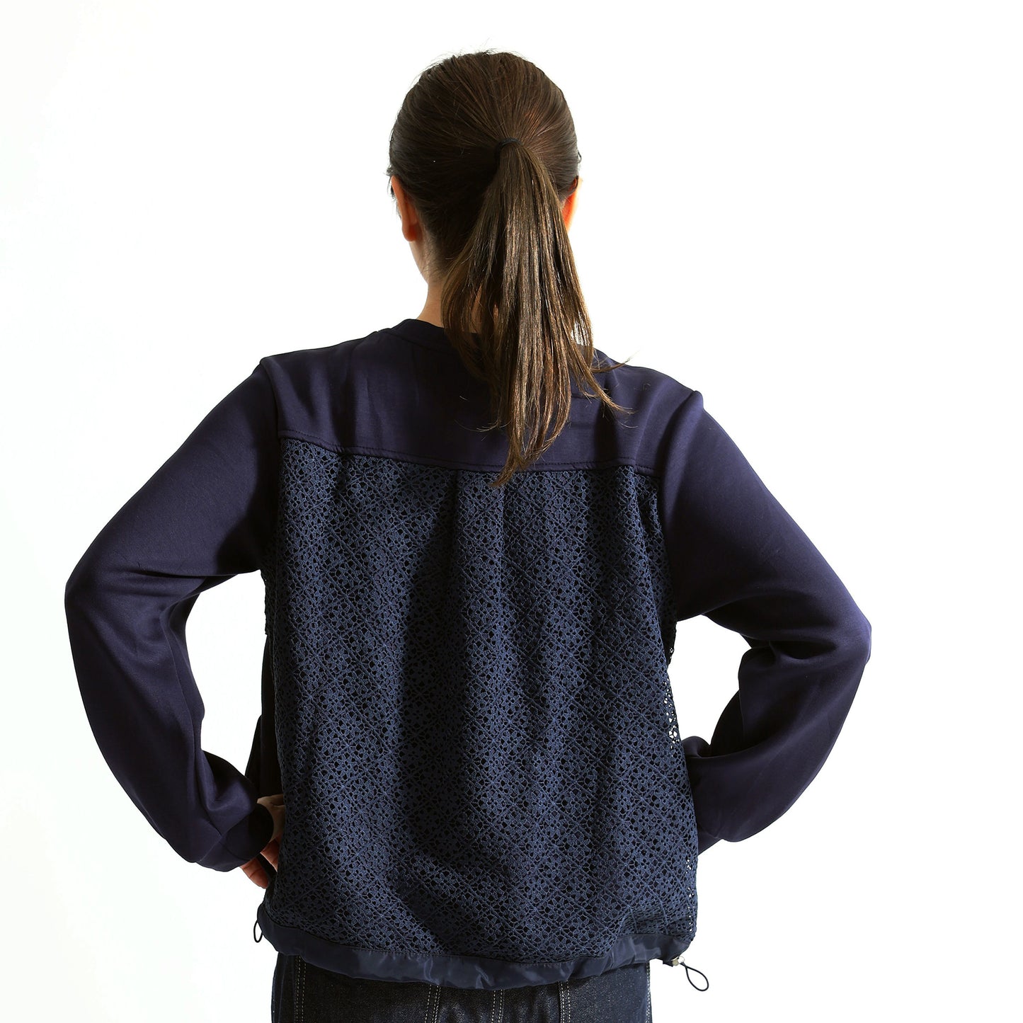 【モード×フェミニン】幾何学レースパネル切り替え 裾ドローストリング スウェット