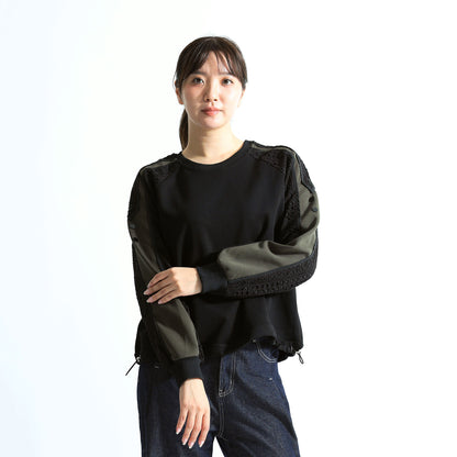 カットワークレース切替 飾りボタン付き ラグランスリーブトップス（全4色）