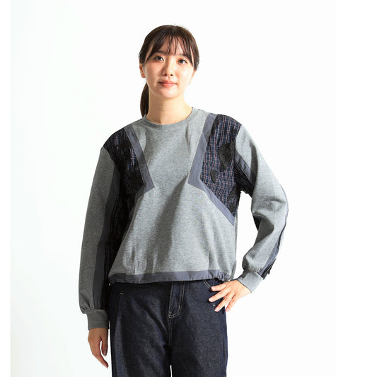 バタフライ刺繍×チェック柄パッチワーク 裾ドロスト デザイントップス（全4色）