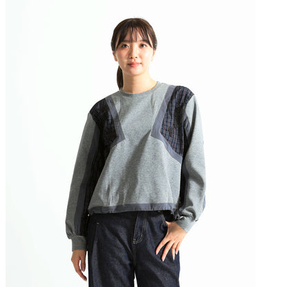 バタフライ刺繍×チェック柄パッチワーク 裾ドロスト デザイントップス（全4色）