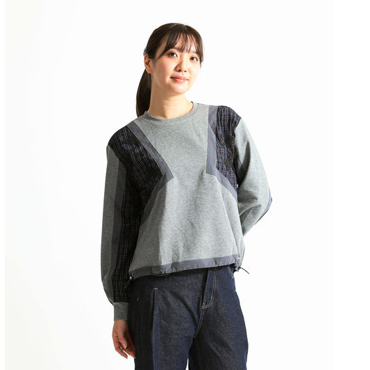 バタフライ刺繍×チェック柄パッチワーク 裾ドロスト デザイントップス（全4色）