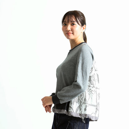 バックボタニカル柄 異素材ドッキング 裾ドロストトップス（全3色）