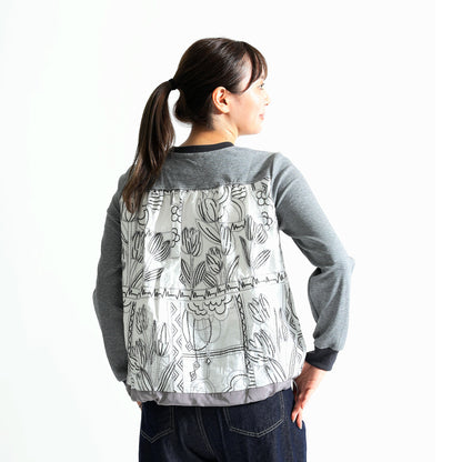 バックボタニカル柄 異素材ドッキング 裾ドロストトップス（全3色）