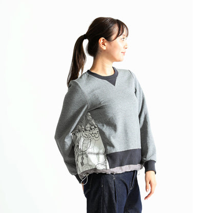 バックボタニカル柄 異素材ドッキング 裾ドロストトップス（全3色）