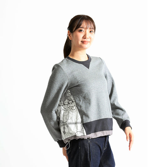 バックボタニカル柄 異素材ドッキング 裾ドロストトップス（全3色）