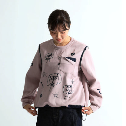 【大人遊び心】フェイスイラスト刺繍 ブランケットステッチ 裾ドロストトップス（全3色）