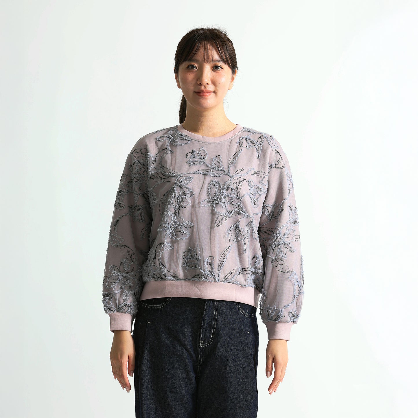 総柄立体フラワー刺繍 カットジャガード風プルオーバー