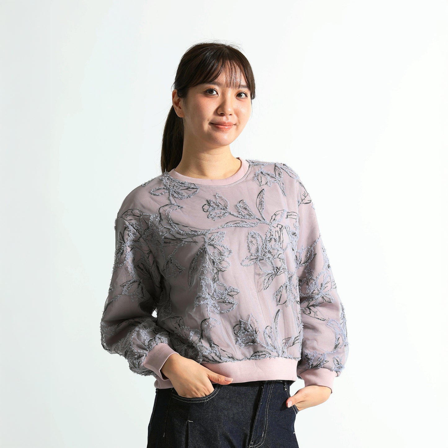 総柄立体フラワー刺繍 カットジャガード風プルオーバー