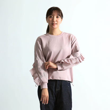 【映えトップス】袖エンブロイダリー刺繍＆サイドフリル デザイントレーナー