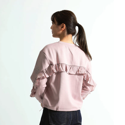 【映えトップス】袖エンブロイダリー刺繍＆サイドフリル デザイントレーナー