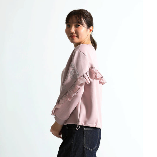 【映えトップス】袖エンブロイダリー刺繍＆サイドフリル デザイントレーナー