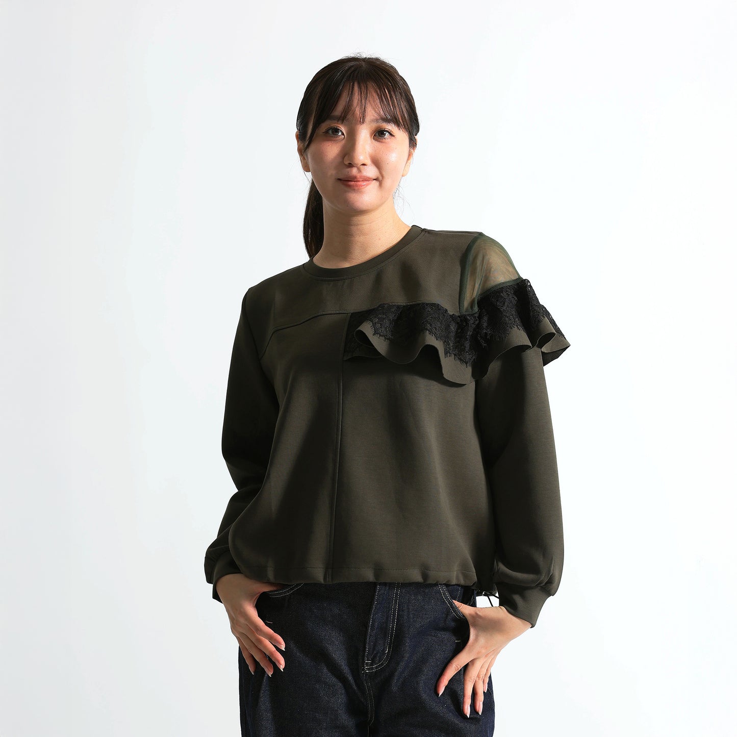 アシンメトリー シアー＆レースフリル 裾ドロストトップス（全3色）