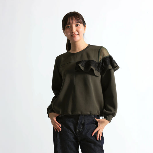 アシンメトリー シアー＆レースフリル 裾ドロストトップス（全3色）