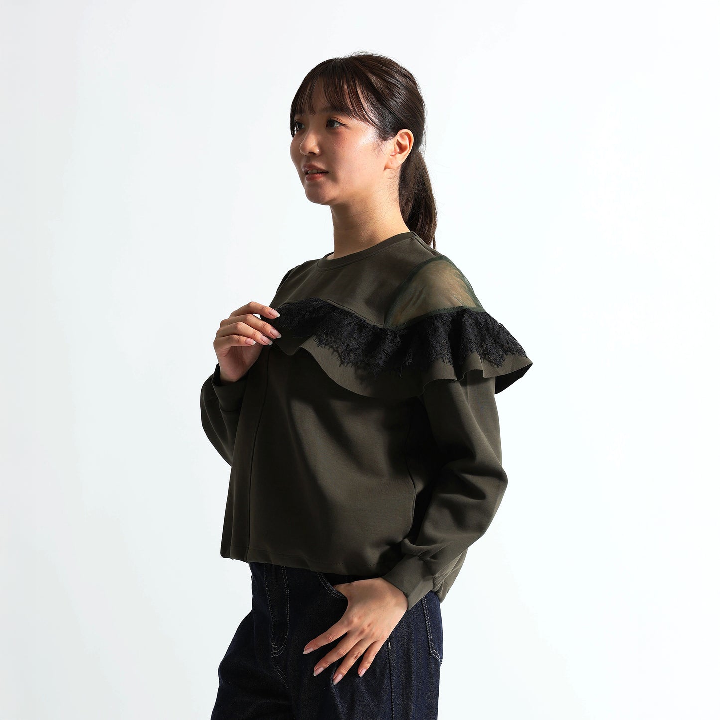アシンメトリー シアー＆レースフリル 裾ドロストトップス（全3色）