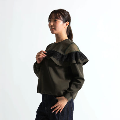アシンメトリー シアー＆レースフリル 裾ドロストトップス（全3色）