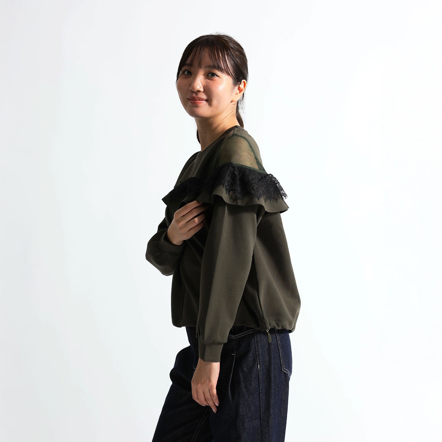 アシンメトリー シアー＆レースフリル 裾ドロストトップス（全3色）