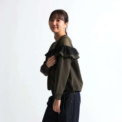 アシンメトリー シアー＆レースフリル 裾ドロストトップス（全3色）