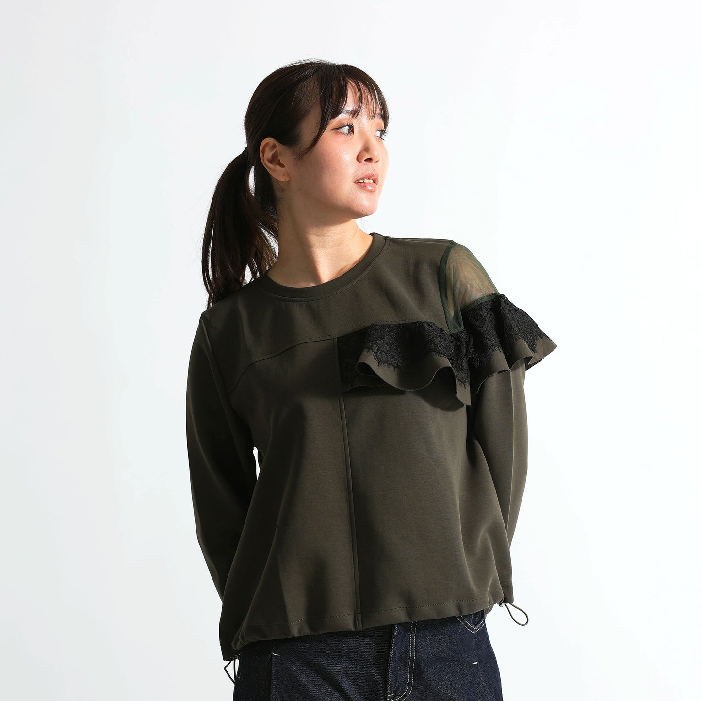 アシンメトリー シアー＆レースフリル 裾ドロストトップス（全3色）