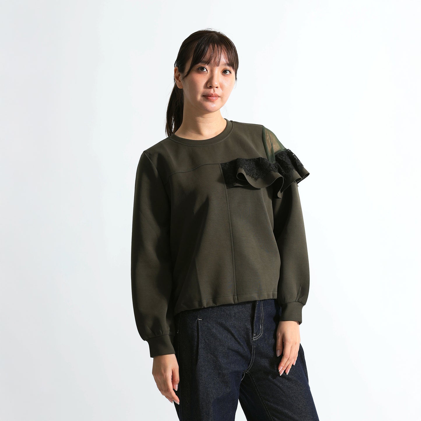 アシンメトリー シアー＆レースフリル 裾ドロストトップス（全3色）