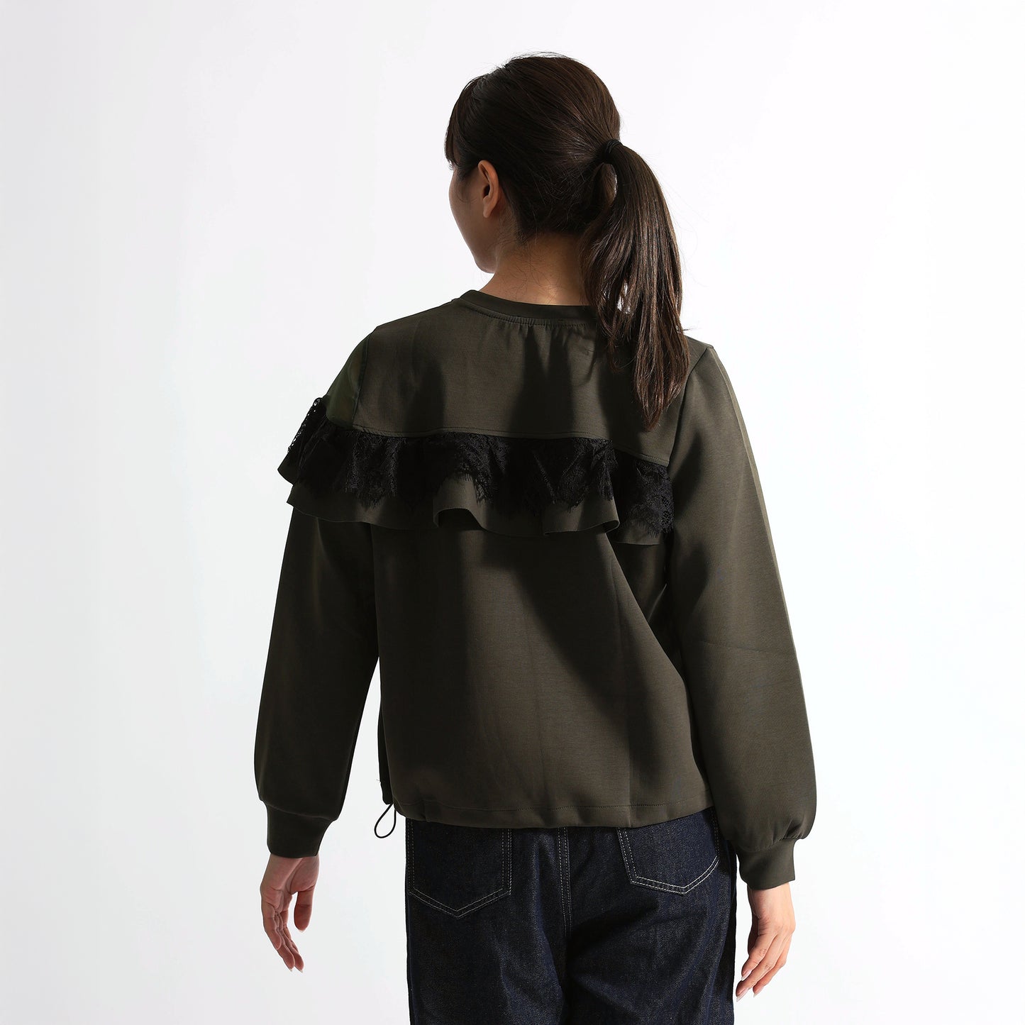 アシンメトリー シアー＆レースフリル 裾ドロストトップス（全3色）