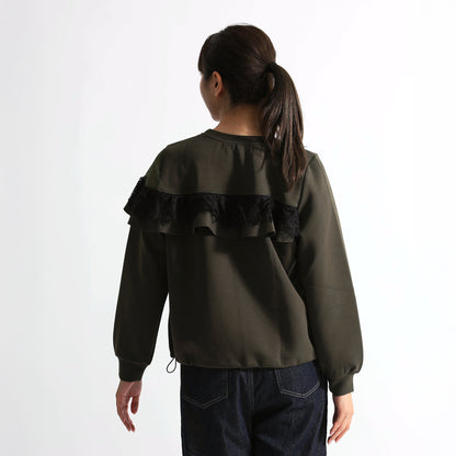 アシンメトリー シアー＆レースフリル 裾ドロストトップス（全3色）