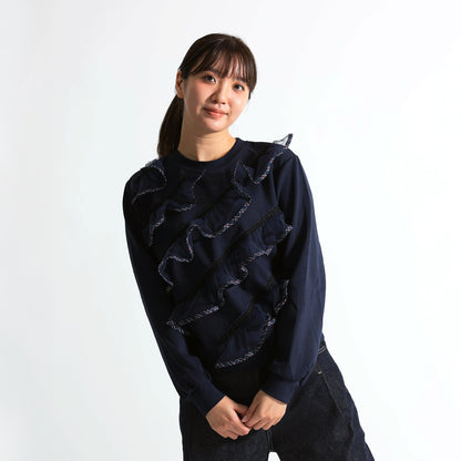 斜めシアーフリル バイカラーパイピング デザイントップス（全3色）