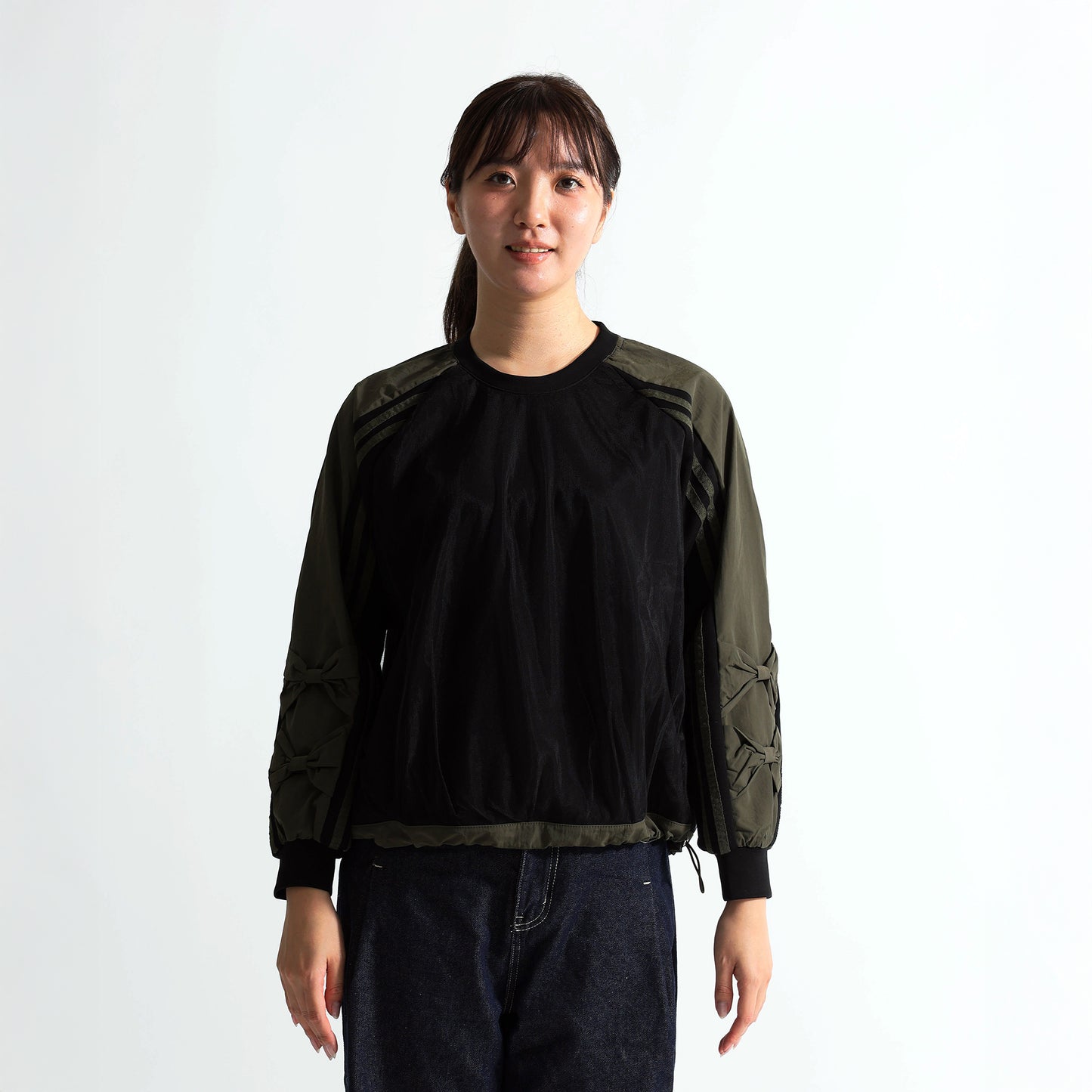 袖リボン×サイドライン 裾ドロスト デザイントップス（全3色）