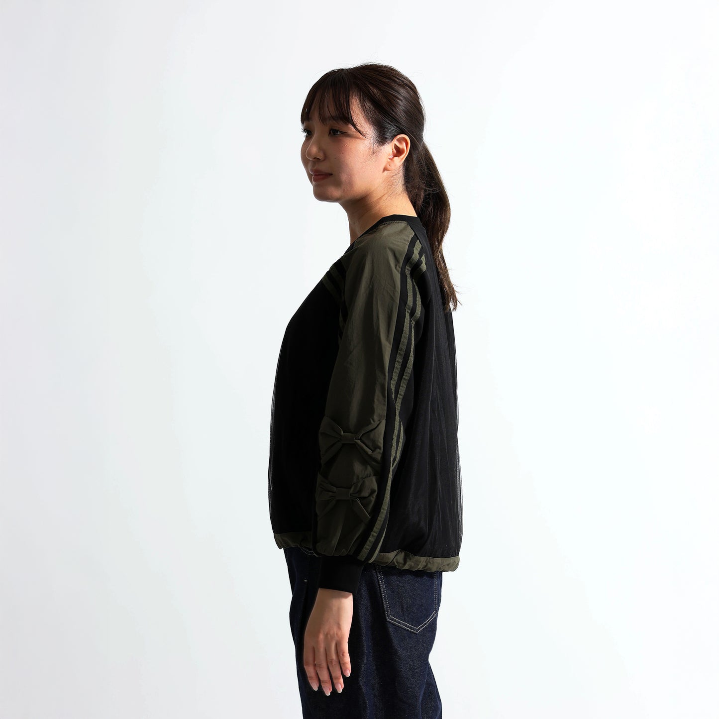 袖リボン×サイドライン 裾ドロスト デザイントップス（全3色）