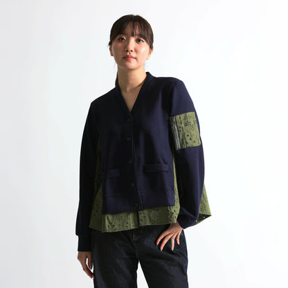 バックアイレットレース切替 袖ポケット付 スウェットカーディガン