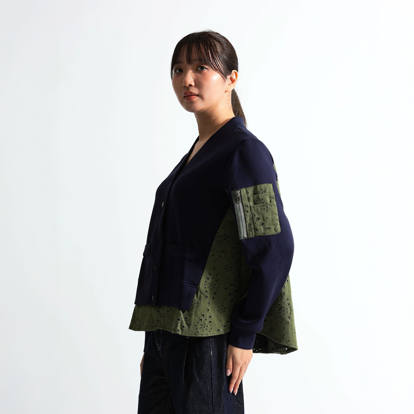 バックアイレットレース切替 袖ポケット付 スウェットカーディガン